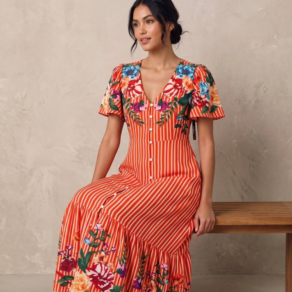 Lulus Women's Floral Stripe Maxi Dress Boho Button Front V-Neck Summer Orange S